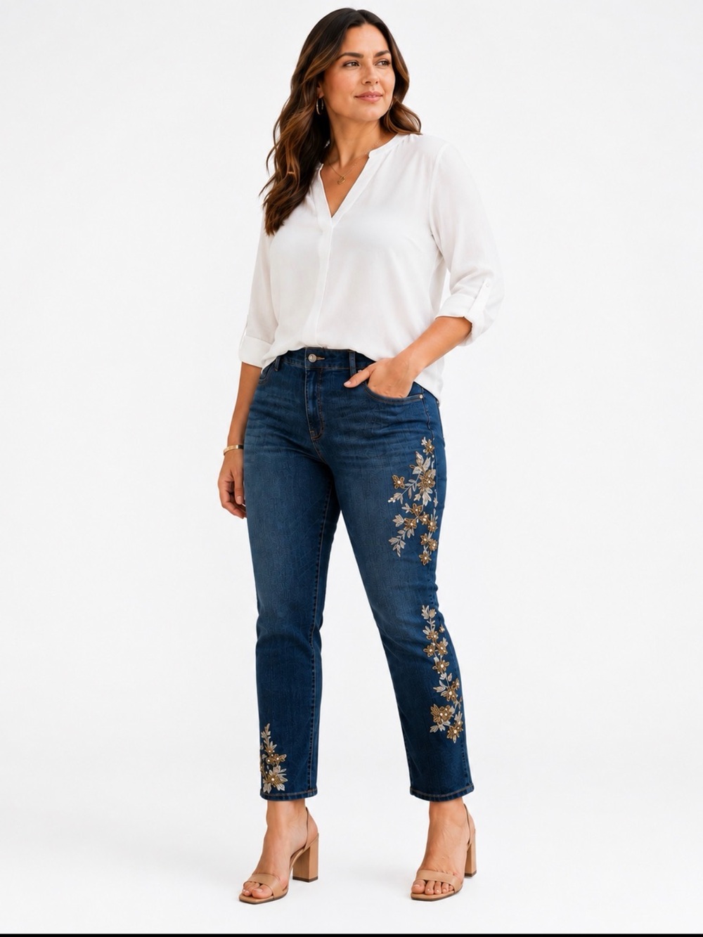 Chico’s So Slimming Girlfriend Slim Leg Ankle Jeans 2.5R Embroidered Beaded 14